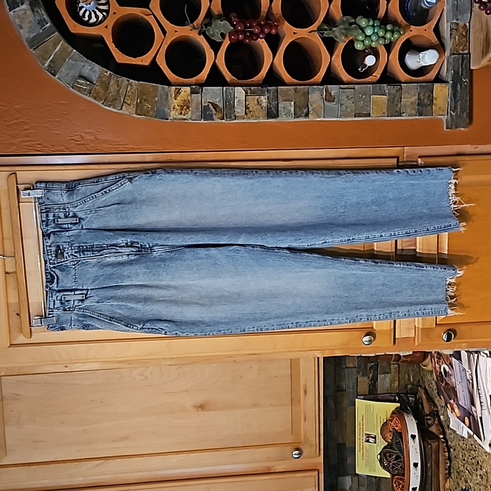 Abercrombie & Fitch Distressed Blue Raw Hem High Rise Mom Jeans Straight Leg